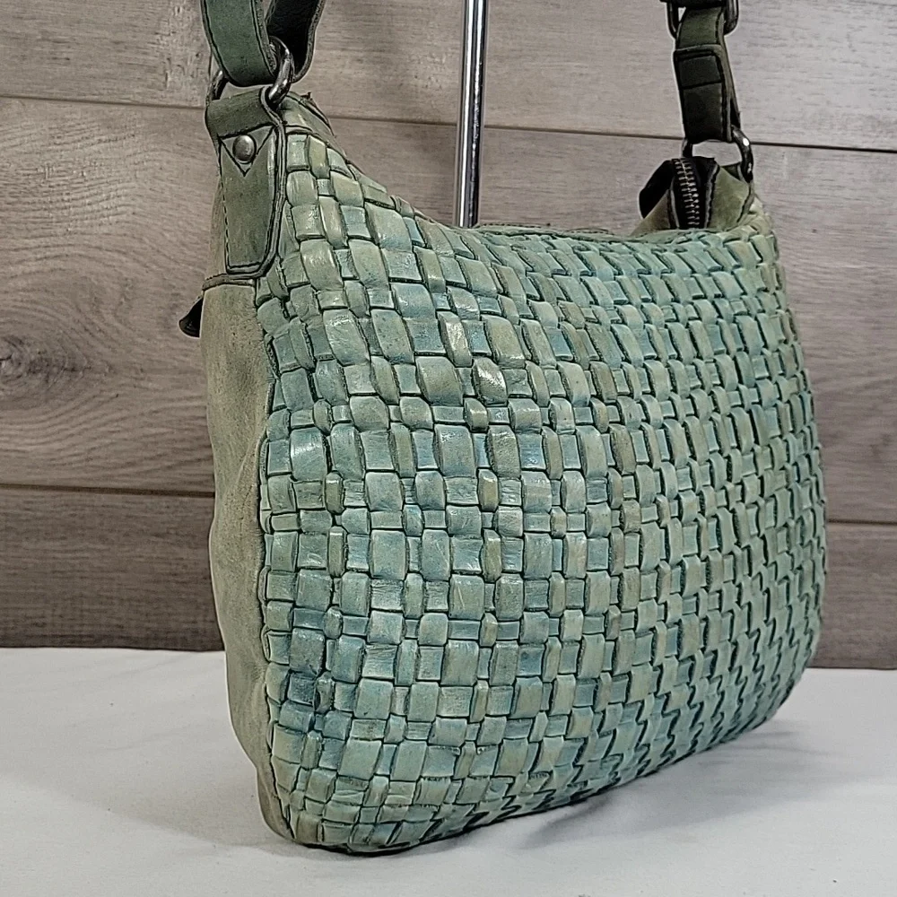 Vilenca Holland for Anthropologie Woven Leather Shoulder Bag in Sage Green